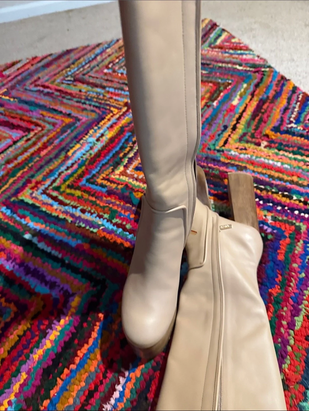 cult gaia Beige Over-the-Knee Platform Boots with Wooden Block Heel
